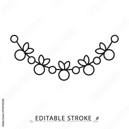 A decorative garland icon in a minimalist line style with editable stroke. Christmas holiday ornament, festive floral decoration, wedding party border, rustic plant swag, nature.