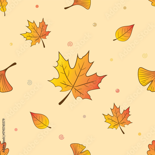 A collection of various fall leaves. maple, oak, ginkgo, mixed with the warm and vibrant colors of autumn, cute and simple line style. Seamless pattern. Vector, illustration.