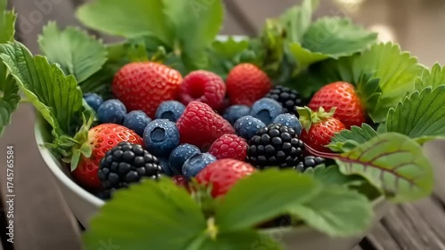 Vibrant assortment of fresh summer berries glistening with morning dew drops in a rustic outdoor setting with golden sunlight
