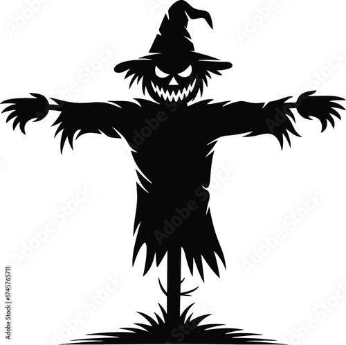 Creepy halloween scarecrow with a stitched face on transparent background silhouette