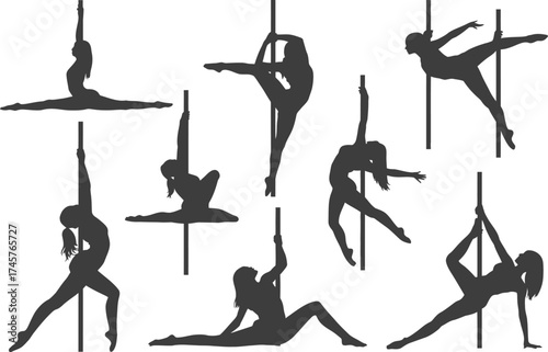 Collection of silhouettes of women performing pole dancing poses isolated on white background