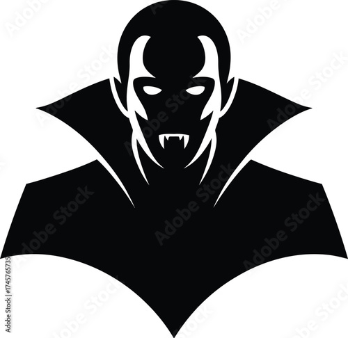 Dark vampire head with cape and horns striking design on transparent background silhouette