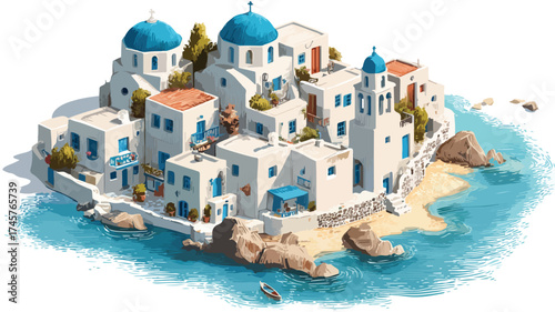 Whitewashed Houses and Blue Domes in Isometric Greek Island Village - Professional Image