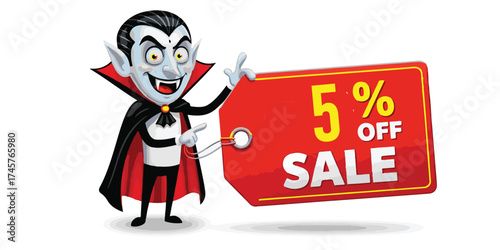 A cartoon vampire character holds a large red tag advertising a 5 percent off sale, perfect for Halloween promotions.