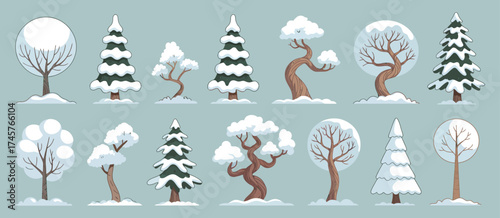 Cartoon winter trees collection with snow covered branches including birch spruce oak maple and elm perfect for seasonal forest park landscape vector illustration