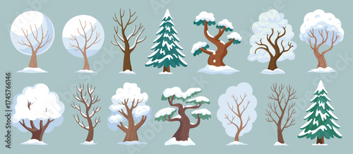 Winter trees isolated vector set with snow covered branches including birch spruce oak maple and elm perfect for seasonal forest park or garden natural