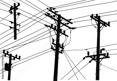 Silhouette utility poles, electrical transformers, power line network, urban energy infrastructure, rural electricity grid, voltage distribution, overhead wires, black outline