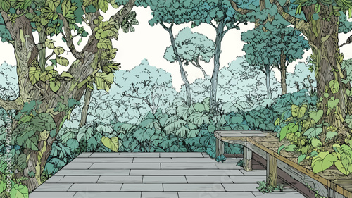 Serene Lush Jungle Canopy Wooden Platform Background Vector Illustration