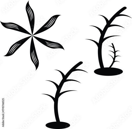 Artistic silhouettes of abstract plants and starburst bloom for creative design elements isolated on white background