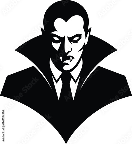 Dramatic vampire portrait with sharp fangs cape and collar silhouette on transparent background