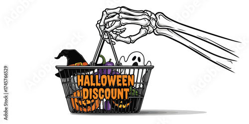 A skeletal hand lifts a shopping basket overflowing with Halloween decorations and a sign advertising a discount.