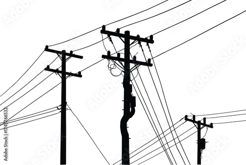 Silhouette utility poles, electrical transformers, power line network, urban energy infrastructure, voltage distribution, overhead wires, black outline, complex grid system, electricity