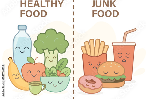 Food Choice Awareness — Healthy vs Junk Food Vector Illustration