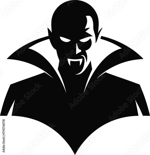 Menacing vampire head with cape fangs and glowing eyes on transparent background silhouette