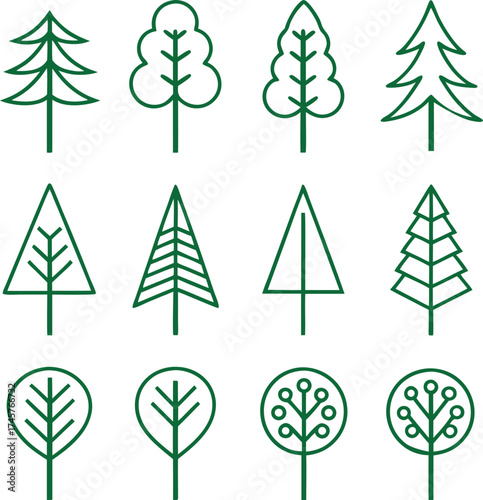 Collection of simple line art trees various styles and shapes for nature themed designs isolated on white background