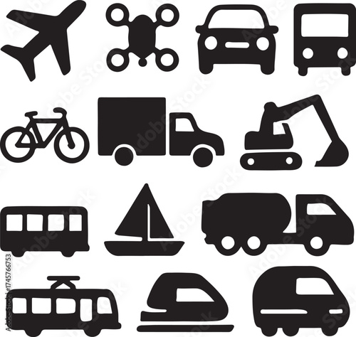 Collection of diverse urban transportation icons representing various modes of travel and city mobility solutions
