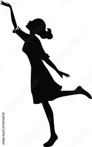 Dynamic silhouette of a woman reaching upwards with joyful pose on isolated on white background