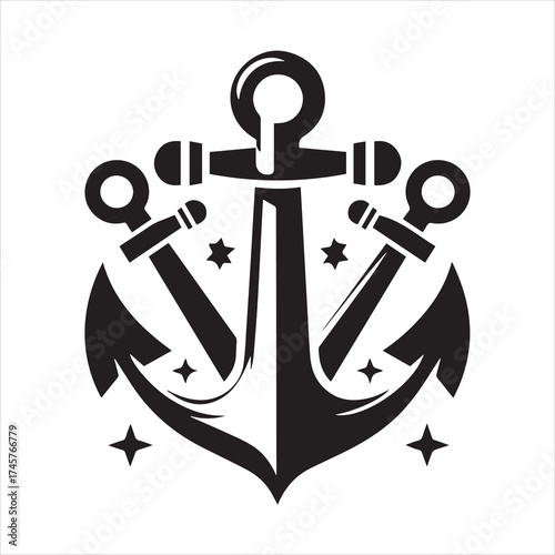  Black nautical anchor with three smaller anchors and stars on a white background vector illustration