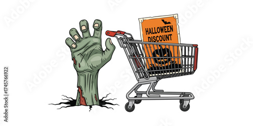 Zombie hand reaching for halloween candy in shopping cart