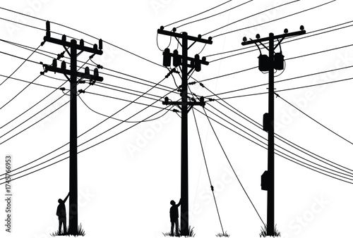 Silhouette utility poles, electrical workers scene, power line maintenance, electricity distribution, urban infrastructure, voltage grid, overhead wires, black outline, energy system