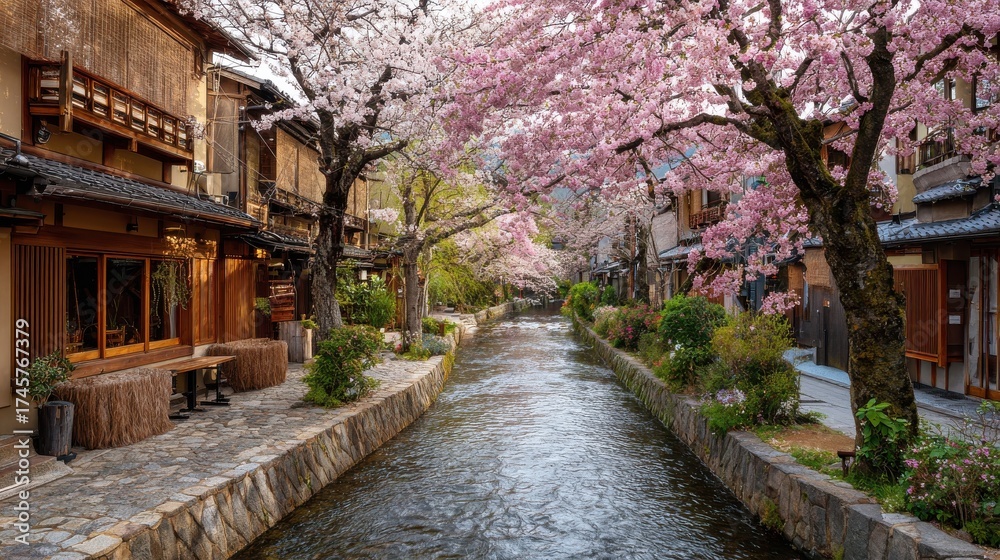 Naklejka premium kyoto japan at the shirakawa river in the gion district during the spring cherry blosson season no logos no brands ar 169
