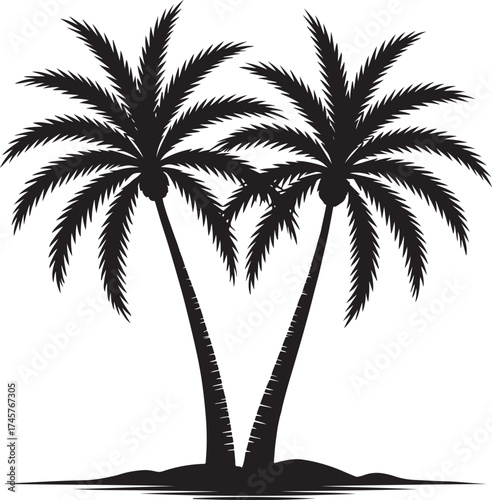 Black Silhouette of Two Palm Trees on Tropical Island.