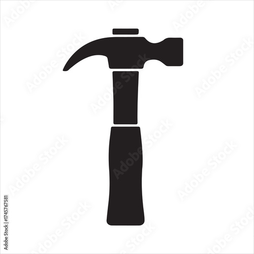Black hammer silhouette isolated on white, carpentry and construction tool icon