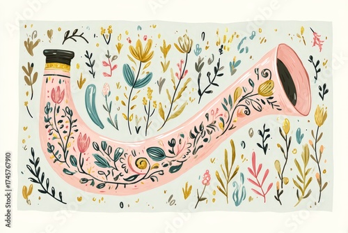 Ornately decorated horn with floral motif on light background