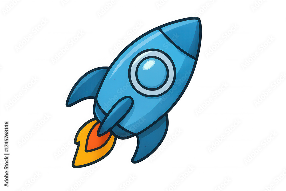 Fototapeta premium Blue cartoon rocket flying, launching into space, representing startup success and business growth concept, transparent background