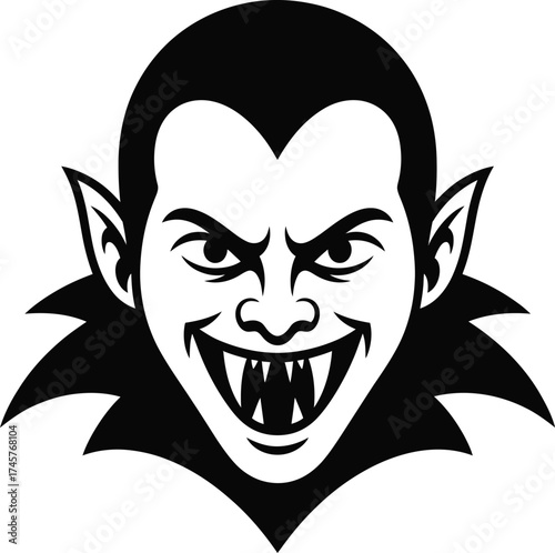 Detailed vampire head illustration with sharp fangs on transparent background silhouette