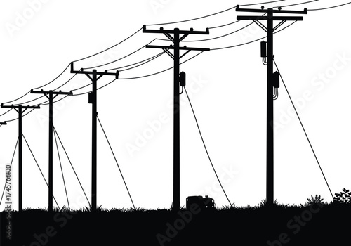 Silhouette utility poles, maintenance truck scene, power line network, electricity distribution, urban infrastructure, voltage grid, overhead wires, black 