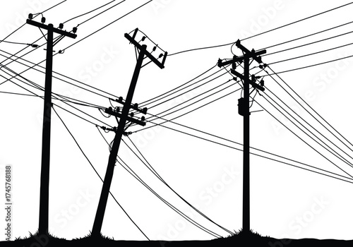 Silhouette utility poles, leaning damaged poles, tangled power lines, birds perched, electricity distribution, urban infrastructure, safety illustration, black outline, energy grid