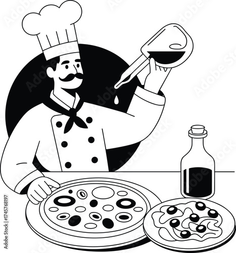 Chef cooking delicious pizza and pasta, pouring oil, professional kitchen scene, culinary preparation, food service, restaurant, flat vector illustration