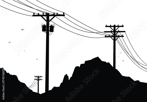 Silhouette utility poles, mountainous landscape, power line network, electricity transmission, rural infrastructure, energy grid, black outline, long distance distribution
