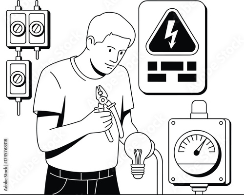 Electrician working with pliers and bulb, surrounded by outlets, warning sign, voltage meter, safety concept, flat vector illustration