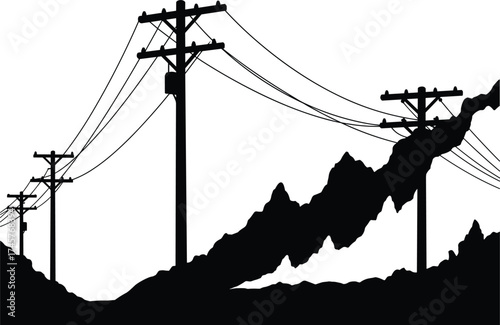 Silhouette utility poles, mountainous landscape, power line network, electricity transmission, rural infrastructure, energy grid, black outline, long distance distribution