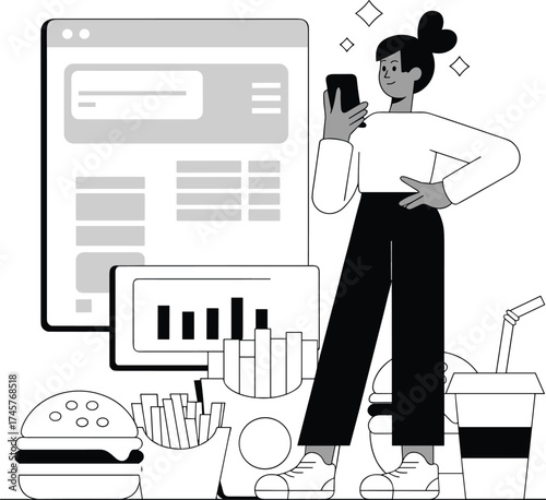 Person analyzing food data, smartphone usage, fast food items, burger, fries, soda, nutrition tracking, digital interface, flat vector illustration