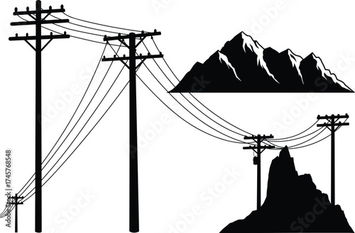 Silhouette utility poles, mountainous landscape, power line network, electricity transmission, rural infrastructure, energy grid, black outline, long distance distribution