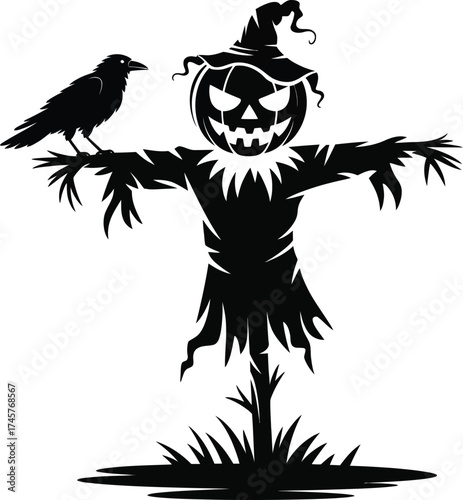 Halloween scarecrow with a raven perched atop spooky design on transparent background silhouette