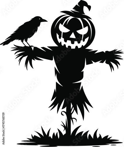 Halloween pumpkin scarecrow with a raven perched on top silhouette on transparent background