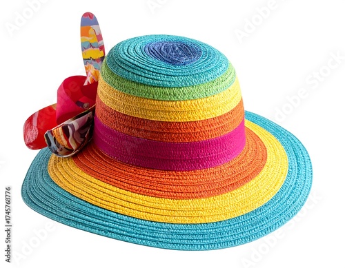 Colorful straw hat with rainbow stripes and decorative bow