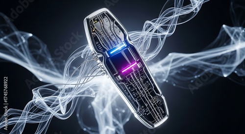 Futuristic Data Stream Device with Neon Lights and Energy Trails