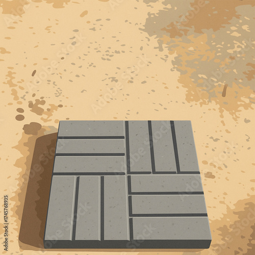 Interlocking Paver Stone Sample Vector: Overhead View of Gray Rectangular Pavers in a Pattern on a Dirt Construction Site. Adobe Illustrator Artwork