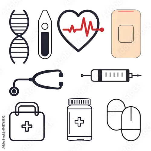 ambulance first aid kit icon set . injured first aid. Paramedic first aid. ekg first aid. medical icons set