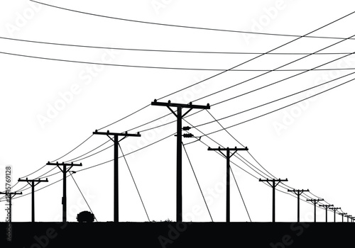 Silhouette utility poles, perspective depth, power line network, electricity distribution, urban infrastructure, voltage grid, overhead wires, black outline, energy system