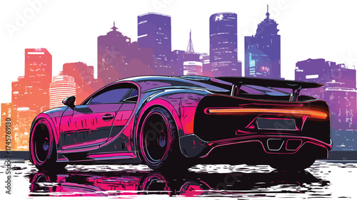 Glamorous Luxury Sports Car in Neon Cityscape at Night