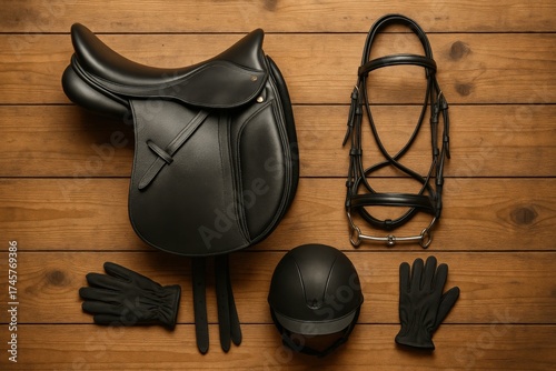 Equestrian gear arranged on wooden surface showcasing saddle, bridle, reins, gloves, and riding hat