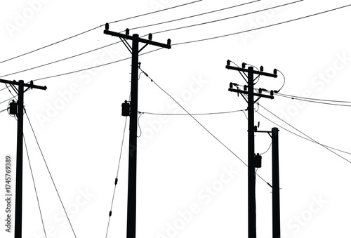 Silhouette utility poles, power line network, electrical transformers, urban energy infrastructure, rural 
