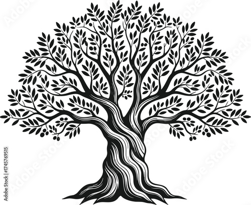 Stylized black and white tree illustration, decorative nature artwork, symmetrical branches, textured trunk, intricate leaves, elegant design, vector art for creative projects