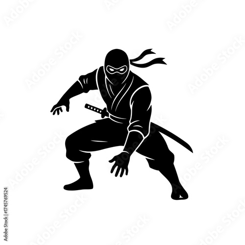 Vector art of silhouette of a ninja in a crouched stance with a sword